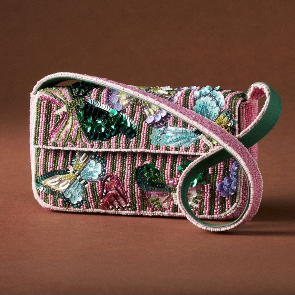 NWT Anthropologie The Fiona Beaded Bag in Pink Butterfly Editon